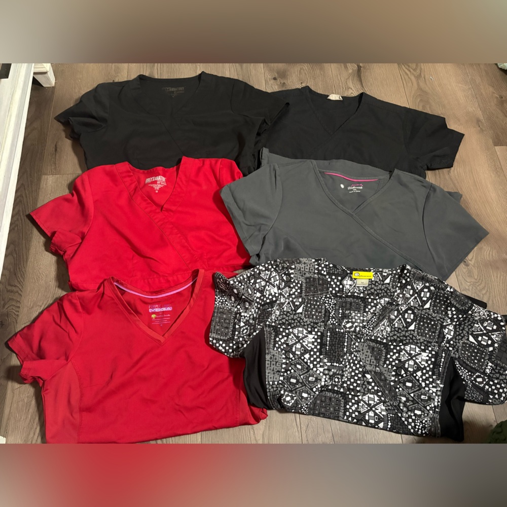 Lot Of 6 Women’s‎ Scrub Tops Black, Red, Grey Medical Nursing